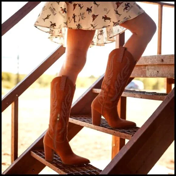Knee High Cowboy Boots Suede Rhinestone Embroidered Western Chunky Heel Pointed - Picture 4 of 7